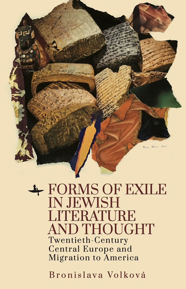 The cover of Bronislava Volková's book Forms of Exile in Jewish Literature and Though, which features a collection of broken tablets with Hebrew text on them.
