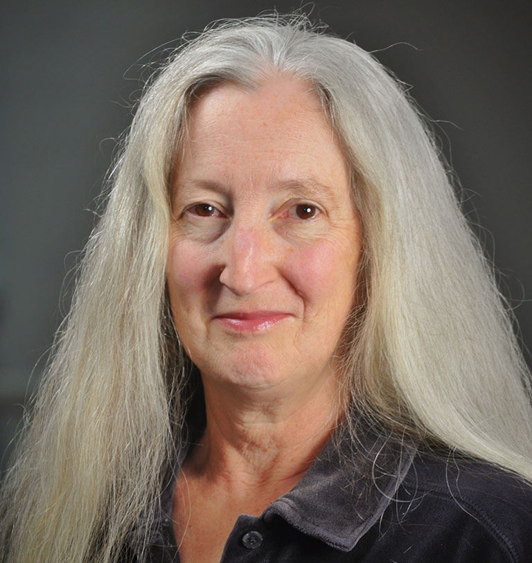 A headshot of Professor Edith Sarra, who wears a gray shirt and poses against a dark background.